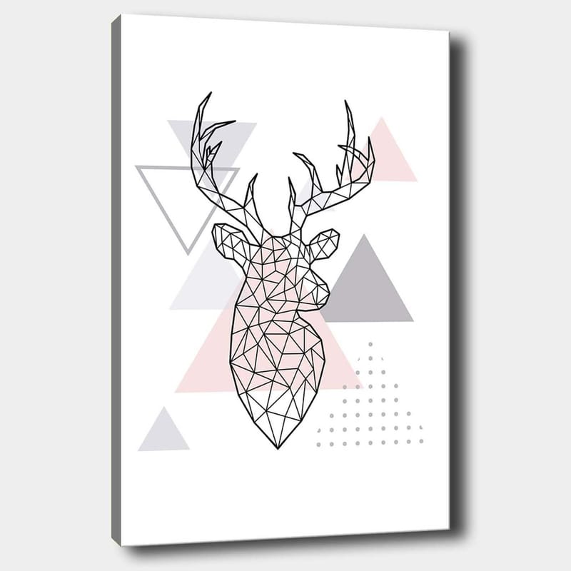Canvastavla 70x100 cm - Geometrisk hjort i polygonstil omgiven av trianglar - Grå / Rosa / Svart - Inredning - Tavlor & posters - Canvastavla