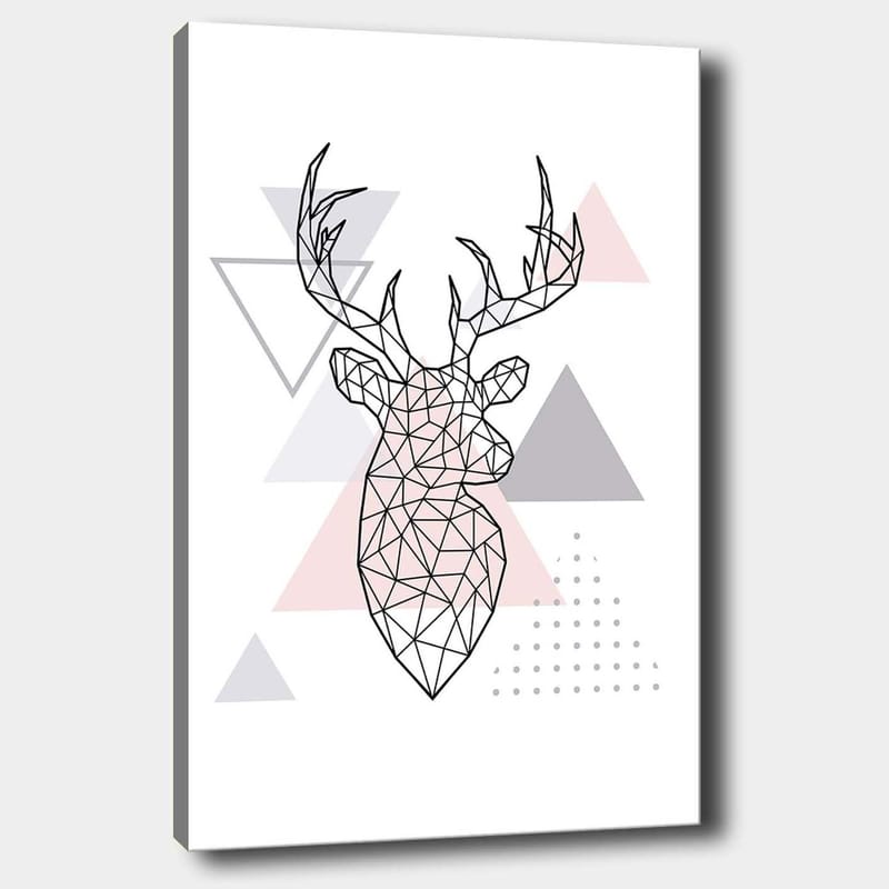 Canvastavla 70x100 cm - Geometrisk hjort i polygonstil omgiven av trianglar - Grå / Rosa / Svart - Inredning - Tavlor & posters - Canvastavla