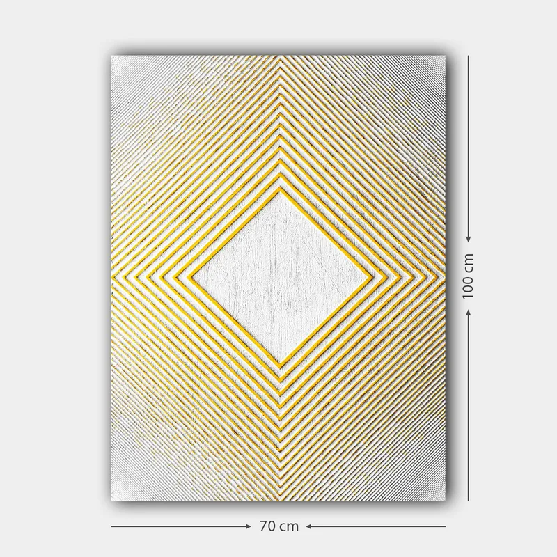 Canvastavla 70x100 cm - Geometrisk komposition med en central rombformad struktur omgiven av linjer i olika riktningar - Gult / Vitt / Grått - Inredning - Tavlor & posters - Canvastavla
