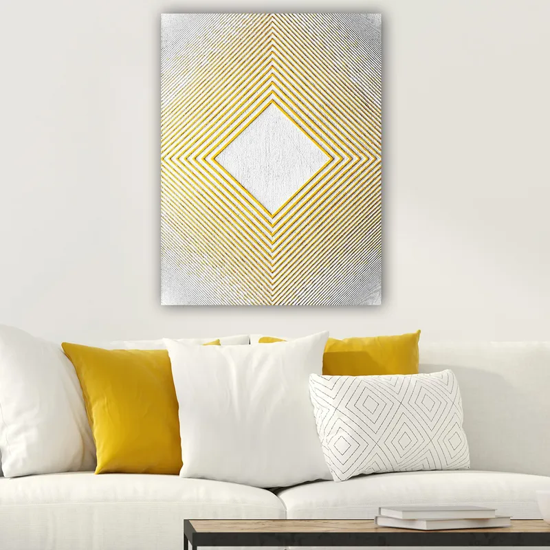 Canvastavla 70x100 cm - Geometrisk komposition med en central rombformad struktur omgiven av linjer i olika riktningar - Gult / Vitt / Grått - Inredning - Tavlor & posters - Canvastavla