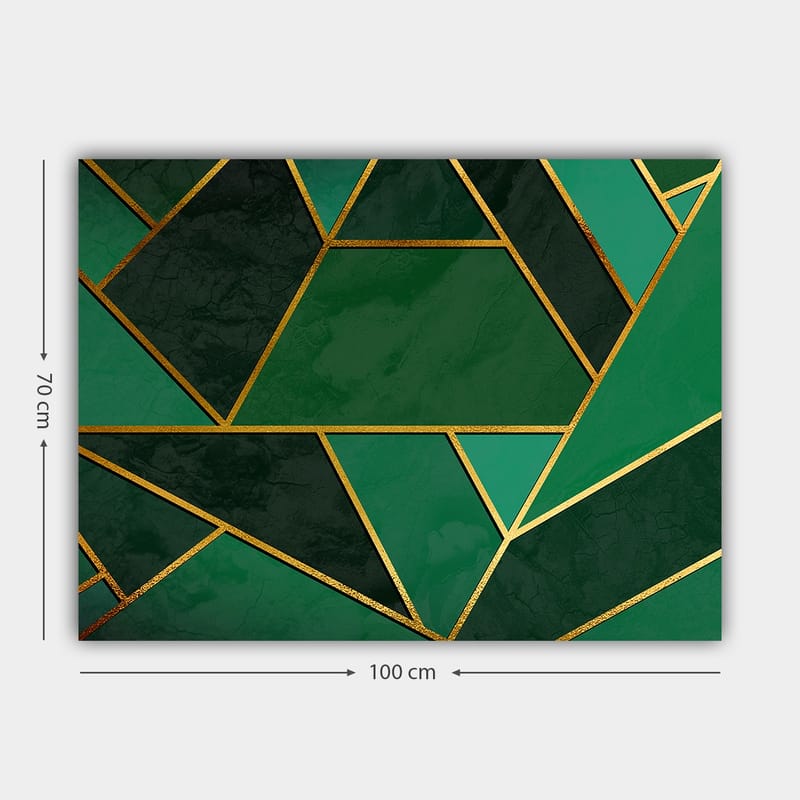 Canvastavla 70x100 cm - Geometriska former i olika nyanser av grönt med guldiga linjer - Mörkgrön / Ljusgrön / Guld - Inredning - Tavlor & posters - Canvastavla