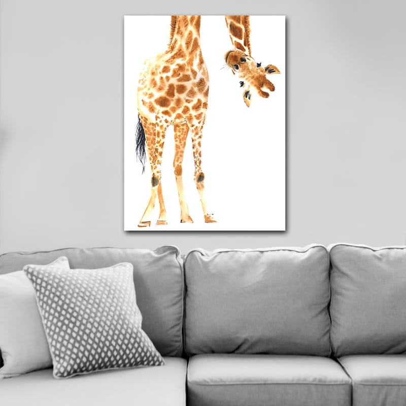 Canvastavla 70x100 cm - Giraff med karakteristiska fläckar som sträcker sig mot betraktaren - Orange / Brun / Svart - Inredning - Tavlor & posters - Canvastavla