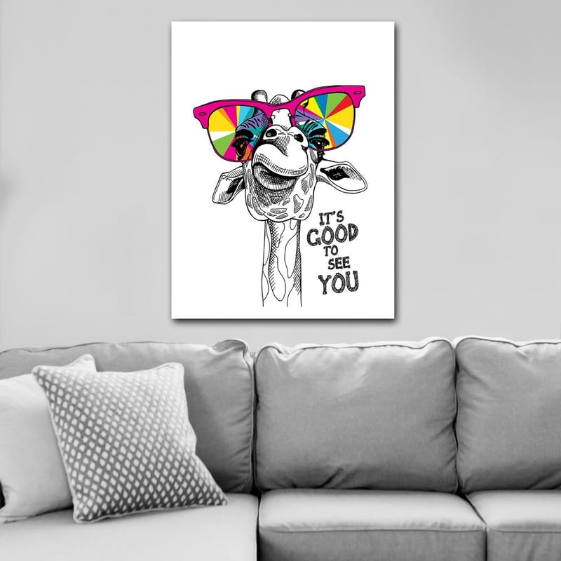 Canvastavla 70x100 cm - Glad giraff med färgglada solglasögon - Rosa / Gul / Grön - Inredning - Tavlor & posters - Canvastavla