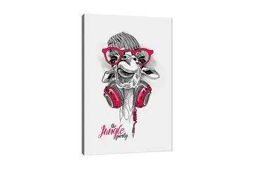 Canvastavla 70x100 cm - Glad giraff med hörlurar och glasögon, som ger en lekfull och modern känsla - Röd / Svart / Vit - Inredning - Tavlor & posters - Canvastavla