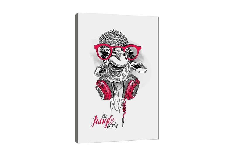 Canvastavla 70x100 cm - Glad giraff med hörlurar och glasögon, som ger en lekfull och modern känsla - Röd / Svart / Vit - Inredning - Tavlor & posters - Canvastavla