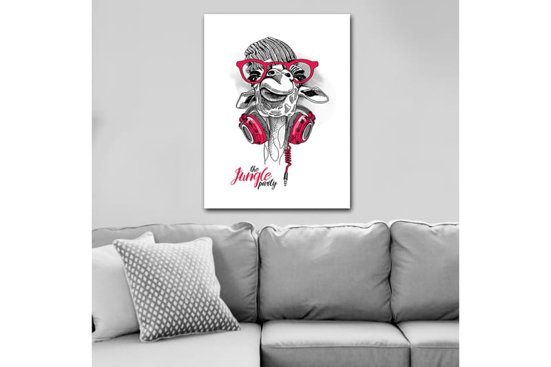 Canvastavla 70x100 cm - Glad giraff med hörlurar och glasögon, som ger en lekfull och modern känsla - Röd / Svart / Vit - Inredning - Tavlor & posters - Canvastavla