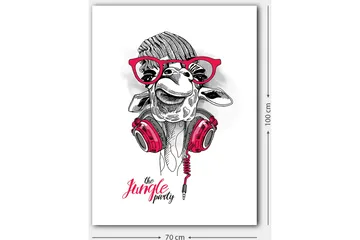 Canvastavla 70x100 cm - Glad giraff med hörlurar och glasögon, som ger en lekfull och modern känsla - Röd / Svart / Vit - Inredning - Tavlor & posters - Canvastavla