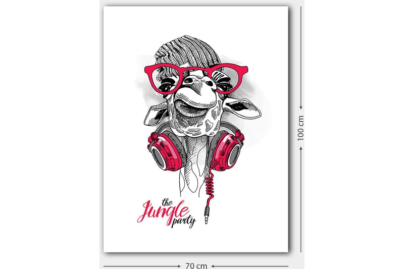 Canvastavla 70x100 cm - Glad giraff med hörlurar och glasögon, som ger en lekfull och modern känsla - Röd / Svart / Vit - Inredning - Tavlor & posters - Canvastavla