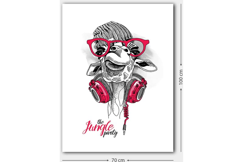 Canvastavla 70x100 cm - Glad giraff med hörlurar och glasögon, som ger en lekfull och modern känsla - Röd / Svart / Vit - Inredning - Tavlor & posters - Canvastavla