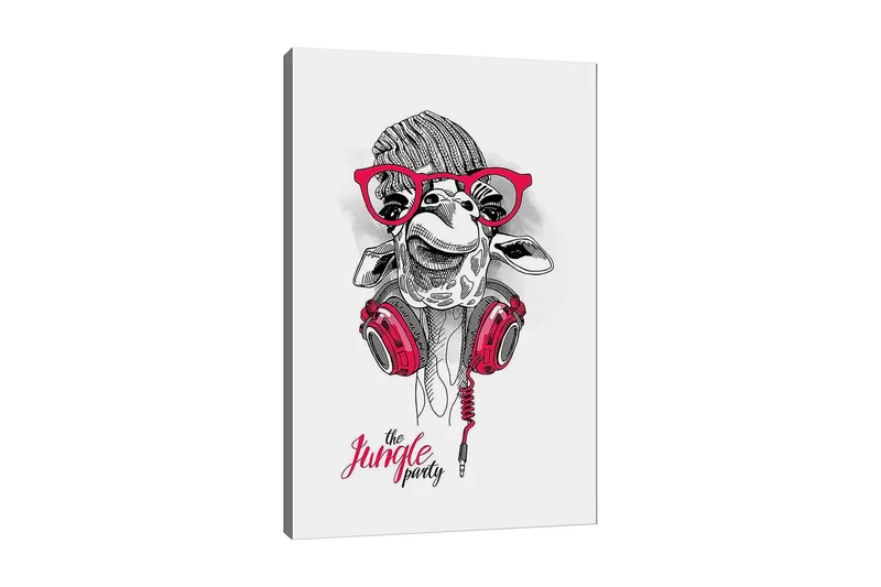 Canvastavla 70x100 cm - Glad giraff med hörlurar och glasögon, som ger en lekfull och modern känsla, Röd / Svart / Vit