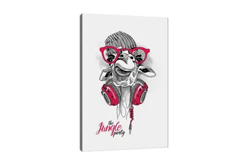 Canvastavla 70x100 cm - Glad giraff med hörlurar och glasögon, som ger en lekfull och modern känsla - Röd / Svart / Vit - Inredning - Tavlor & posters - Canvastavla