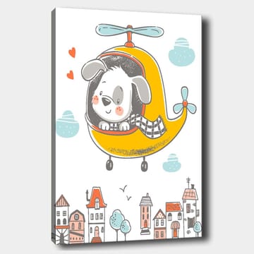 Canvastavla 70x100 cm - Glad hund som flyger i en gul helikopter över en stad med färgglada hus - Gul / Grå / Blå - Inredning - Tavlor & posters - Canvastavla