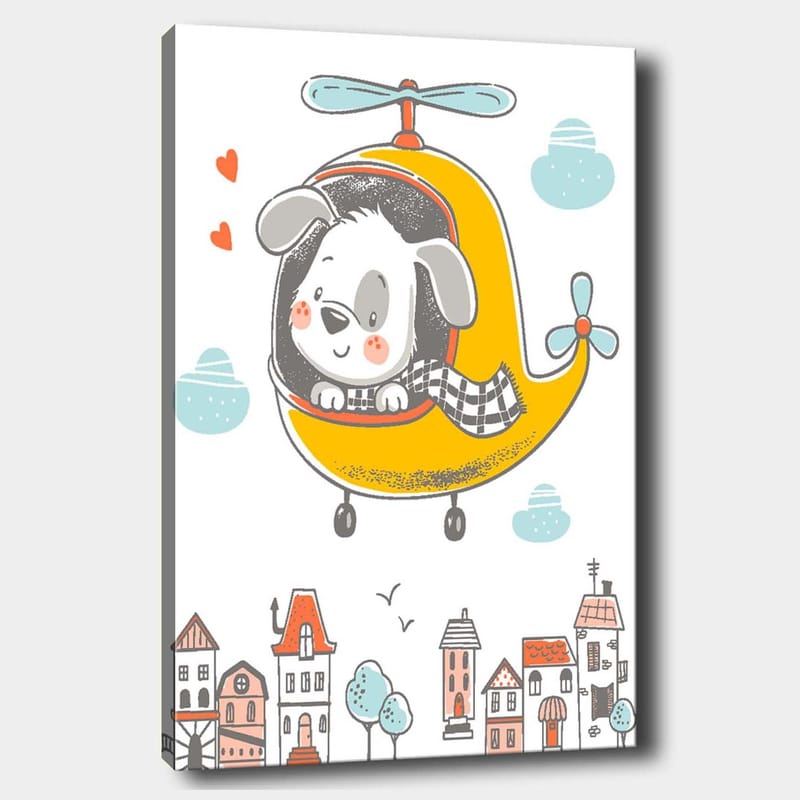 Canvastavla 70x100 cm - Glad hund som flyger i en gul helikopter över en stad med färgglada hus - Gul / Grå / Blå - Inredning - Tavlor & posters - Canvastavla
