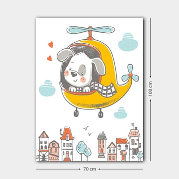 Canvastavla 70x100 cm - Glad hund som flyger i en gul helikopter över en stad med färgglada hus - Gul / Grå / Blå - Inredning - Tavlor & posters - Canvastavla