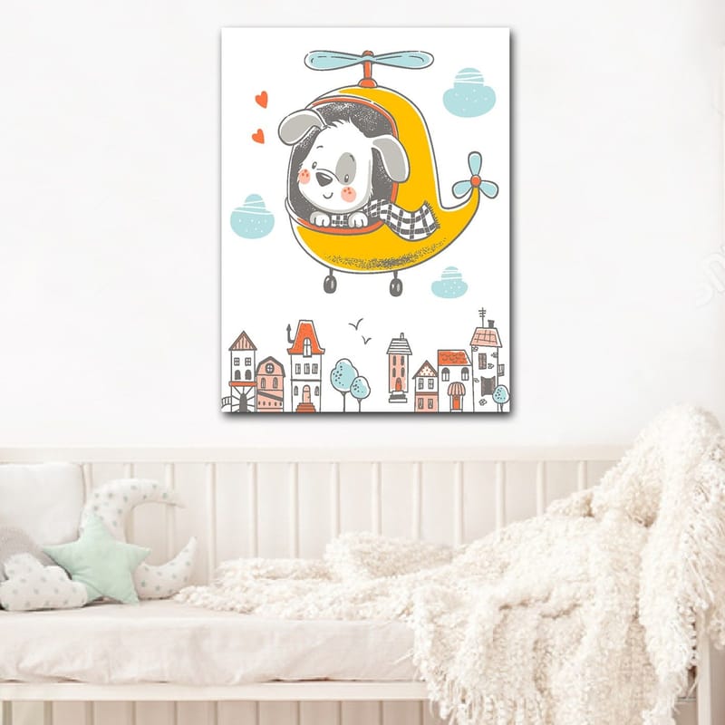 Canvastavla 70x100 cm - Glad hund som flyger i en gul helikopter över en stad med färgglada hus - Gul / Grå / Blå - Inredning - Tavlor & posters - Canvastavla