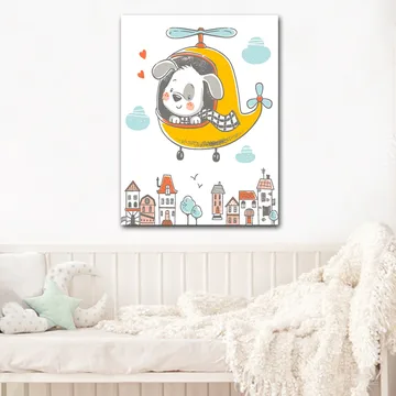 Canvastavla 70x100 cm - Glad hund som flyger i en gul helikopter över en stad med färgglada hus - Gul / Grå / Blå - Inredning - Tavlor & posters - Canvastavla