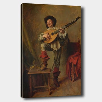 Canvastavla 70x100 cm - Glad man som spelar luta med en livlig och uttrycksfull pose - Röd / Grön / Beige - Inredning - Tavlor & posters - Canvastavla