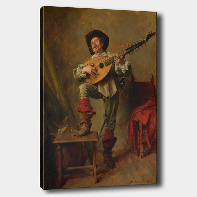 Canvastavla 70x100 cm - Glad man som spelar luta med en livlig och uttrycksfull pose - Röd / Grön / Beige - Inredning - Tavlor & posters - Canvastavla