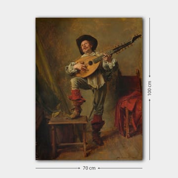 Canvastavla 70x100 cm - Glad man som spelar luta med en livlig och uttrycksfull pose - Röd / Grön / Beige - Inredning - Tavlor & posters - Canvastavla