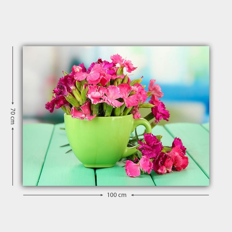 Canvastavla 70x100 cm - Grön kopp fylld med rosa blommor - Grön / Rosa - Inredning - Tavlor & posters - Canvastavla