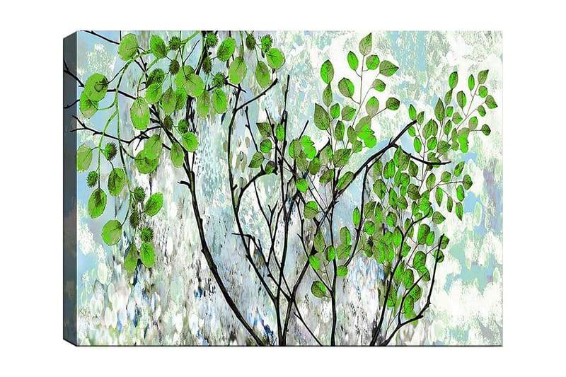 Canvastavla 70x100 cm - Grönskande grenar med livfulla löv i en harmonisk komposition, Grön / Svart / Ljusblå