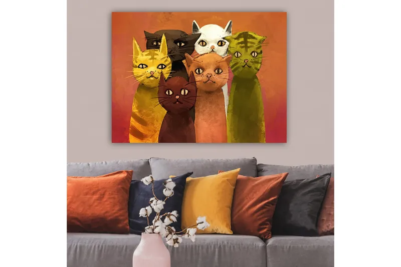 Canvastavla 70x100 cm - Grupp av sex färgglada katter i olika nyanser som står tillsammans - Gul / Brun / Grön - Inredning - Tavlor & posters - Canvastavla