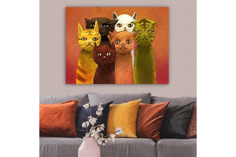 Canvastavla 70x100 cm - Grupp av sex färgglada katter i olika nyanser som står tillsammans - Gul / Brun / Grön - Inredning - Tavlor & posters - Canvastavla