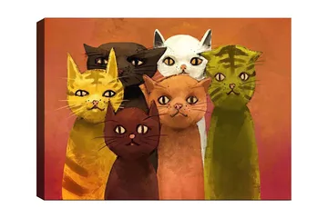 Canvastavla 70x100 cm - Grupp av sex färgglada katter i olika nyanser som står tillsammans - Gul / Brun / Grön - Inredning - Tavlor & posters - Canvastavla