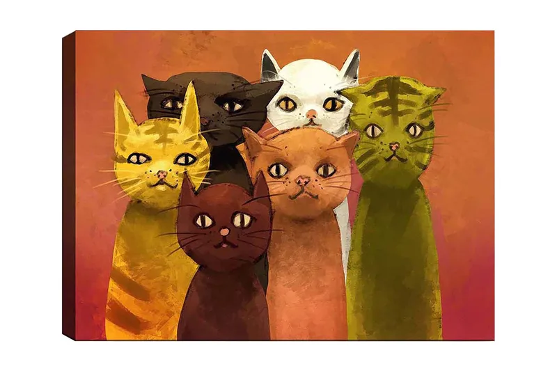Canvastavla 70x100 cm - Grupp av sex färgglada katter i olika nyanser som står tillsammans, Gul / Brun / Grön