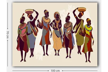 Canvastavla 70x100 cm - Grupp kvinnor i traditionella kläder som bär föremål på huvudet och i händerna - Mörkbrun / Röd / Grön - Inredning - Tavlor & posters - Canvastavla
