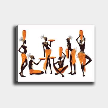 Canvastavla 70x100 cm - Grupp kvinnor i traditionella kläder som bär på kärl och tallrikar - Orange / Svart - Inredning - Tavlor & posters - Canvastavla