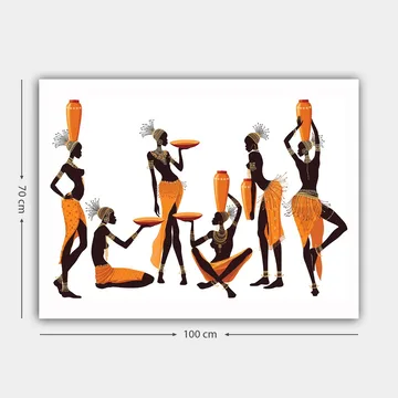 Canvastavla 70x100 cm - Grupp kvinnor i traditionella kläder som bär på kärl och tallrikar - Orange / Svart - Inredning - Tavlor & posters - Canvastavla