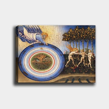 Canvastavla 70x100 cm - Gudomlig figur som sträcker sig mot en cirkel med landskapsmotiv, omgiven av änglar och träd - Blå / Grön / Beige - Inredning - Tavlor & posters - Canvastavla