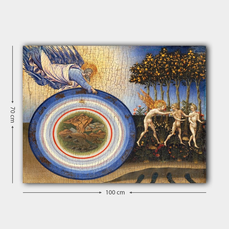 Canvastavla 70x100 cm - Gudomlig figur som sträcker sig mot en cirkel med landskapsmotiv, omgiven av änglar och träd - Blå / Grön / Beige - Inredning - Tavlor & posters - Canvastavla