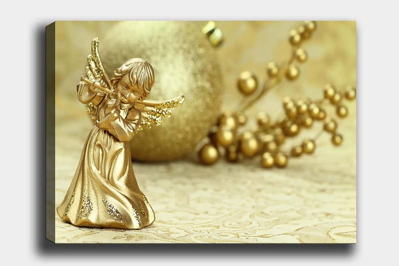 Canvastavla 70x100 cm - Gyllene ängel som spelar flöjt, omgiven av dekorativa element, Guld / Beige