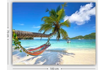 Canvastavla 70x100 cm - Hängmatta mellan palmer vid en tropisk strand med klart blått hav - Grön / Blå / Beige - Inredning - Tavlor & posters - Canvastavla