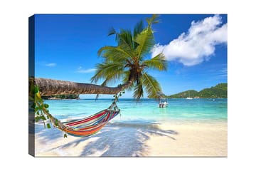 Canvastavla 70x100 cm - Hängmatta mellan palmer vid en tropisk strand med klart blått hav - Grön / Blå / Beige - Inredning - Tavlor & posters - Canvastavla