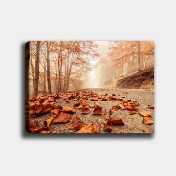 Canvastavla 70x100 cm - Höstig väg kantad av fallna, bruna löv under träd med gyllene och orangea lövverk - Orange / Brun - Inredning - Tavlor & posters - Canvastavla