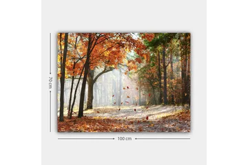 Canvastavla 70x100 cm - Höstskogslandskap med fallande löv i varma färger - Orange / Brun / Grön - Inredning - Tavlor & posters - Canvastavla
