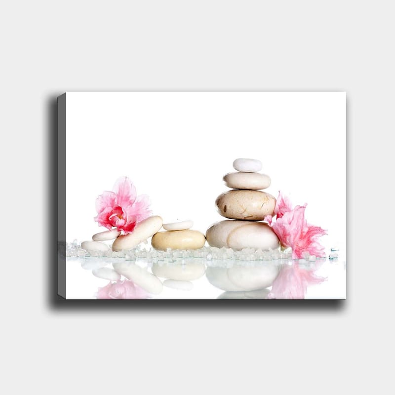 Canvastavla 70x100 cm - Harmonisk komposition av stenar och rosa blommor som symboliserar lugn och balans, Rosa / Beige / Vit