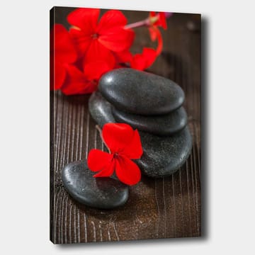Canvastavla 70x100 cm - Harmonisk komposition av svarta stenar och röda blommor som skapar en kontrasterande och lugn atmosfär - Röd / Svart - Inredning - Tavlor & posters - Canvastavla