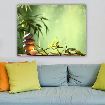 Canvastavla 70x100 cm - Harmonisk komposition med staplade stenar, ett ljus och bambu som symboliserar lugn och balans - Grön / Grå / Beige - Inredning - Tavlor & posters - Canvastavla