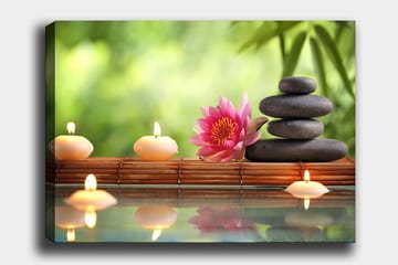 Canvastavla 70x100 cm - Harmonisk sammansättning av stenar, en lotusblomma och ljus som skapar en lugn och avkopplande atmosfär - Rosa / Svart / Beige - Inredning - Tavlor & posters - Canvastavla