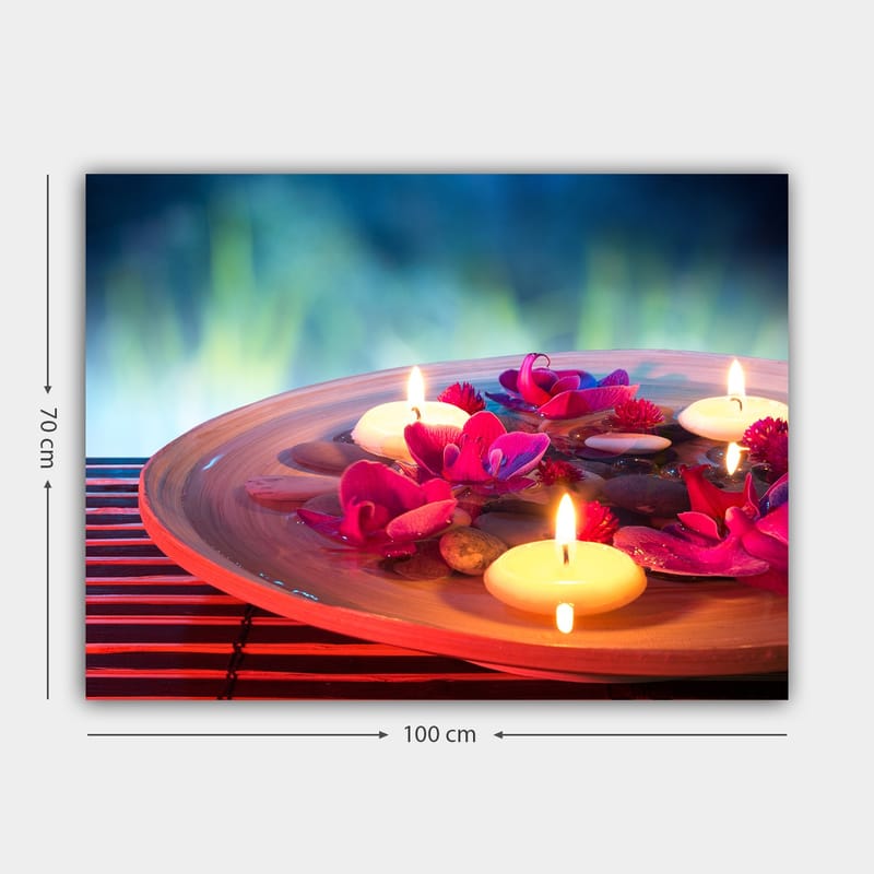 Canvastavla 70x100 cm - Harmonisk skål med flytande blommor och ljus som skapar en lugn atmosfär - Rosa / Vit / Brun - Inredning - Tavlor & posters - Canvastavla