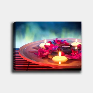 Canvastavla 70x100 cm - Harmonisk skål med flytande blommor och ljus som skapar en lugn atmosfär - Rosa / Vit / Brun - Inredning - Tavlor & posters - Canvastavla