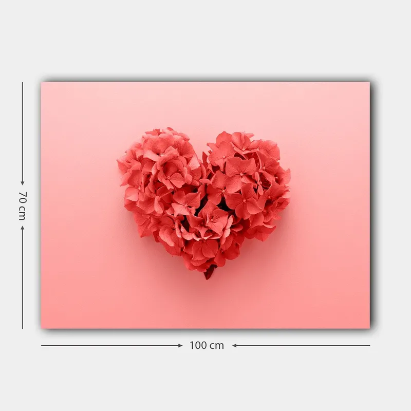 Canvastavla 70x100 cm - Hjärtformad komposition av blommor i en romantisk och lekfull stil - Korallröd / Ljusrosa - Inredning - Tavlor & posters - Canvastavla