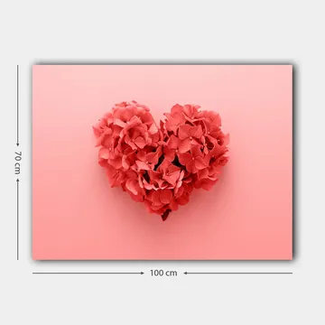 Canvastavla 70x100 cm - Hjärtformad komposition av blommor i en romantisk och lekfull stil - Korallröd / Ljusrosa - Inredning - Tavlor & posters - Canvastavla