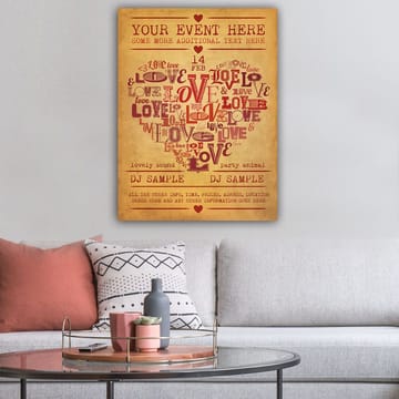 Canvastavla 70x100 cm - Hjärtformad komposition av ord som uttrycker kärlek och romantik - Röd / Mörkröd / Beige - Inredning - Tavlor & posters - Canvastavla