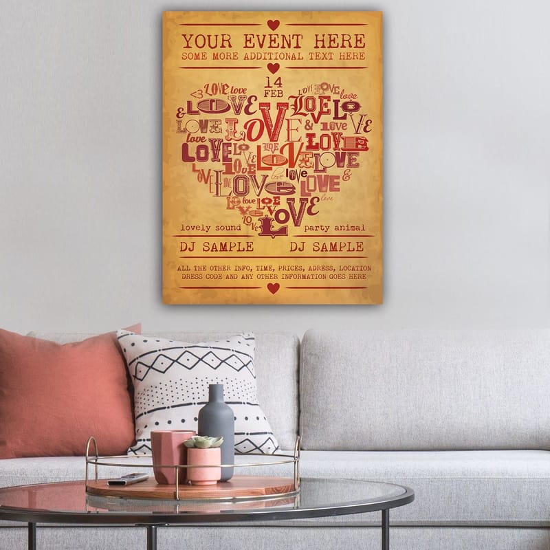 Canvastavla 70x100 cm - Hjärtformad komposition av ord som uttrycker kärlek och romantik - Röd / Mörkröd / Beige - Inredning - Tavlor & posters - Canvastavla