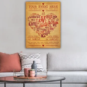 Canvastavla 70x100 cm - Hjärtformad komposition av ord som uttrycker kärlek och romantik - Röd / Mörkröd / Beige - Inredning - Tavlor & posters - Canvastavla